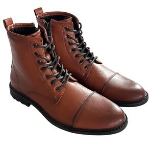 Jazamé Carson Cap Toe Combat Boots Mens Size 8 Brown Lace Up Side Zip Lug Sole